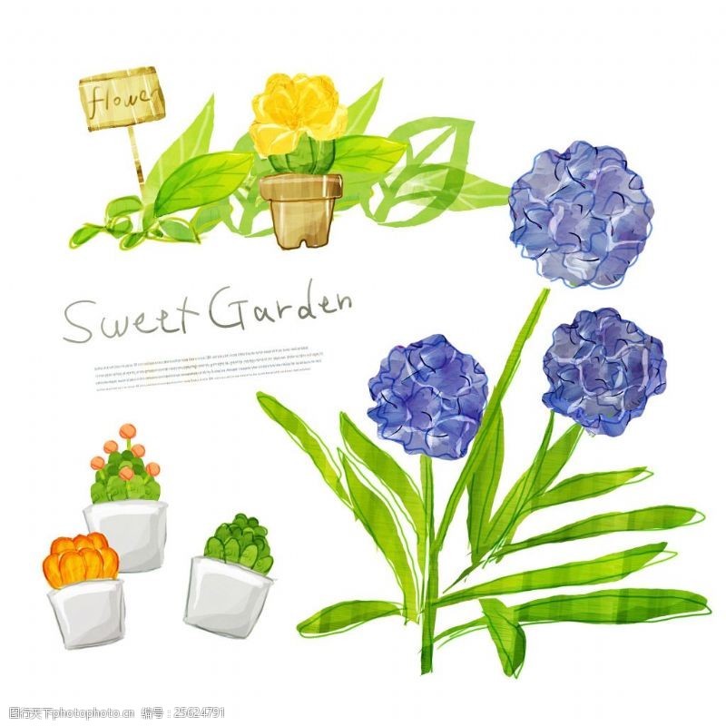 tua蓝色花卉植物与花盆等PSD分层素材