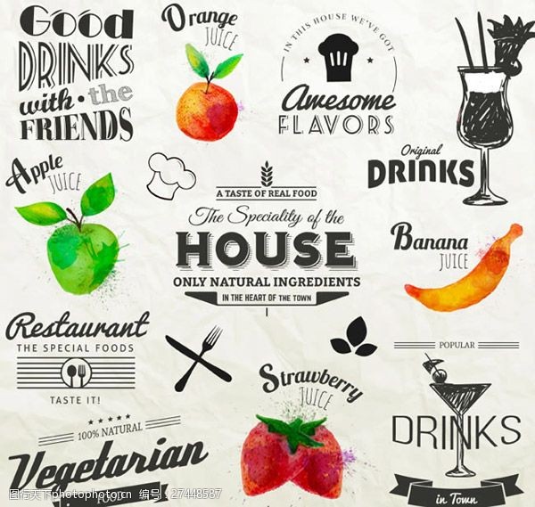 果汁水果标签水彩餐厅与果汁标签矢量素材下载