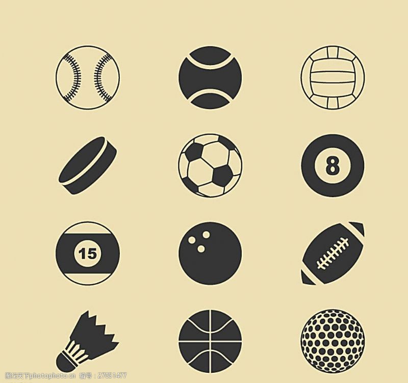 足球篮球12款球类图标矢量素材图片