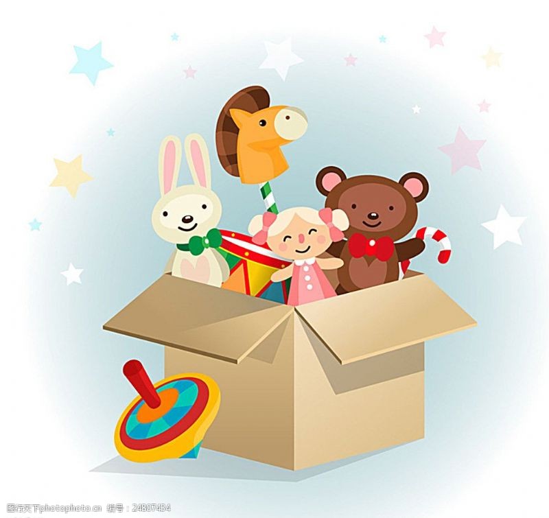 卡通兔子纸箱里的可爱玩具图片