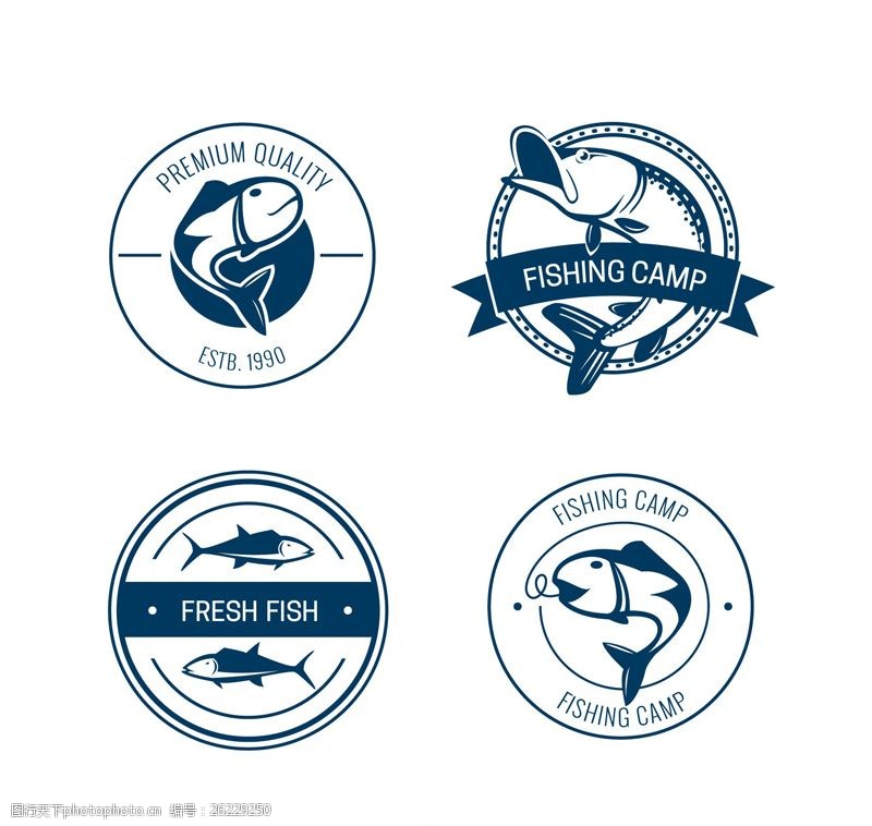 圆形标签4款蓝色钓鱼营地标签矢量图