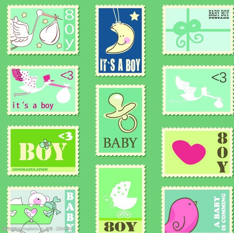 蝴蝶插画卡通母婴邮票矢量素材