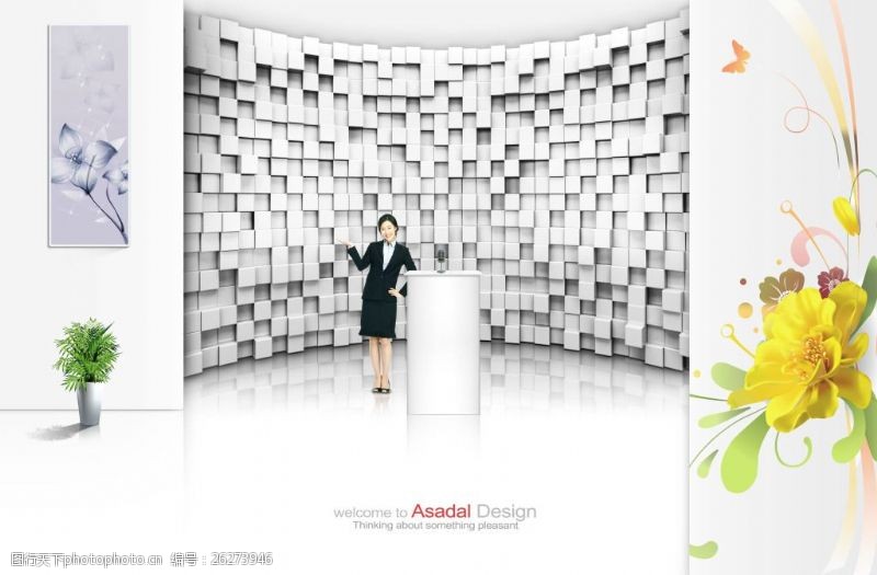 凹凸概念3D墙与商务职场美女人物PSD