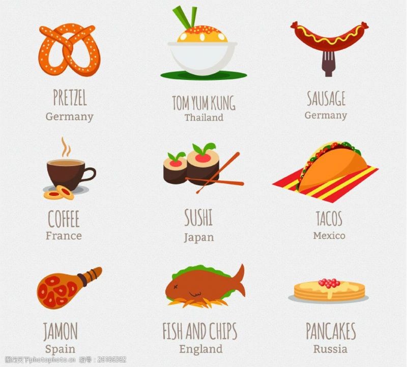 世界美食9款世界食物图标矢量素材