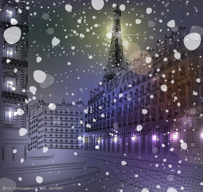矢量楼冬季巴黎雪景图片