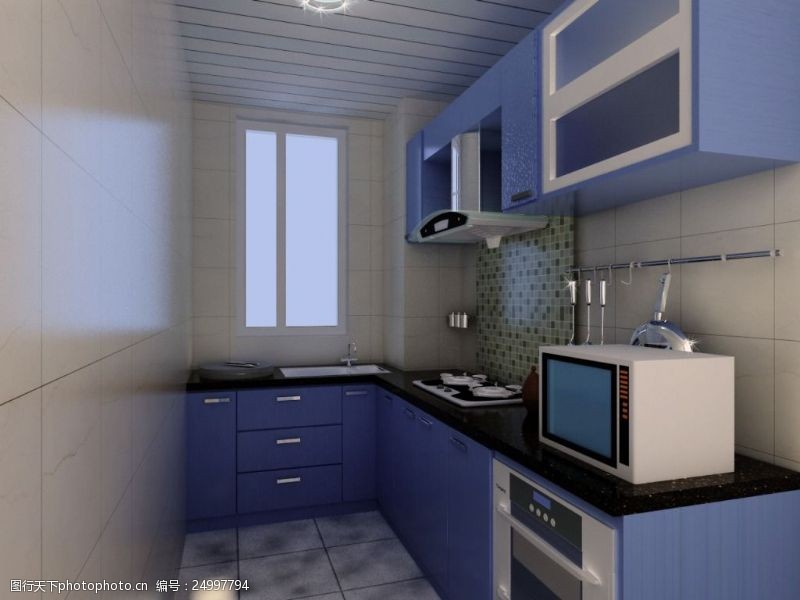 家具模型蓝色厨房橱柜模型