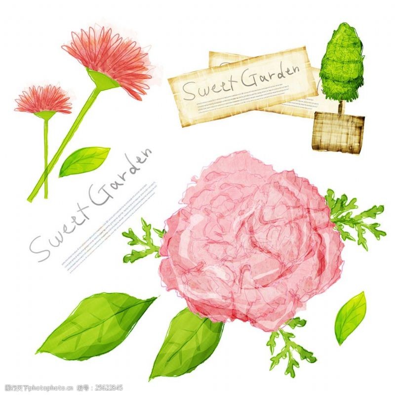 tua粉红色花朵与绿叶插画PSD分层素材