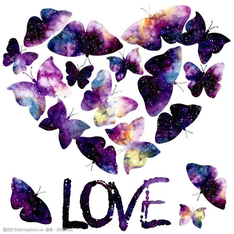 紫色渐变的水彩彩绘蝴蝶摆成的爱心psd源文件