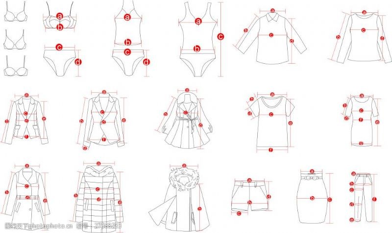 衣服标记服装线稿衣服测量图