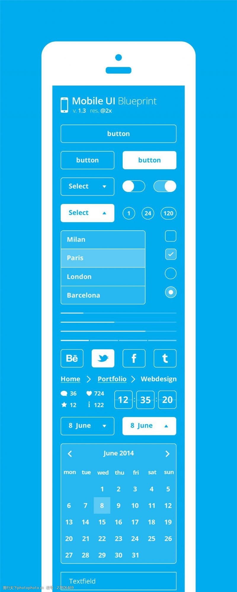 蓝色系列风格蓝色手机UI界面APP系列PSD素材下载