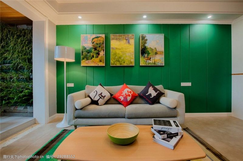 时尚装修现代时尚客厅亮绿色背景墙室内装修效果图