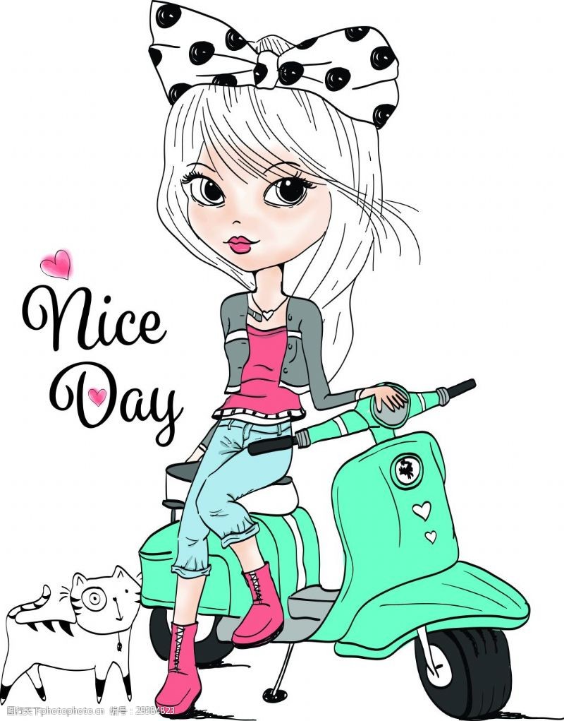 小猫骑车手绘骑机车的女生插画