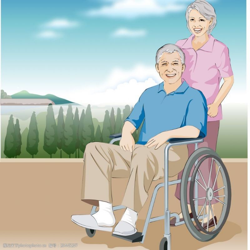 白发苍苍的奶奶幸福的晚年推着轮椅去郊外