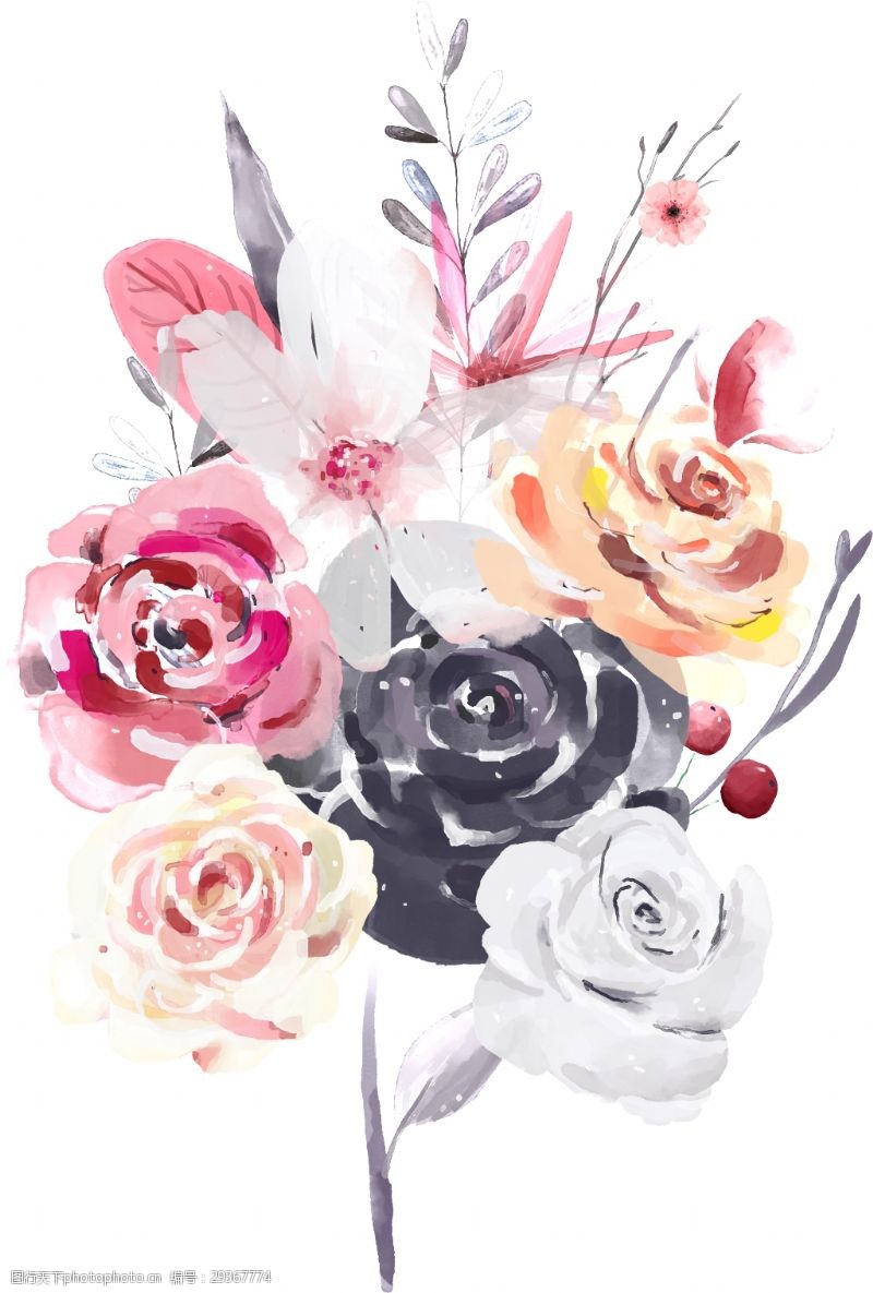 多种图案手绘一束多种颜色花朵PNG透明素材
