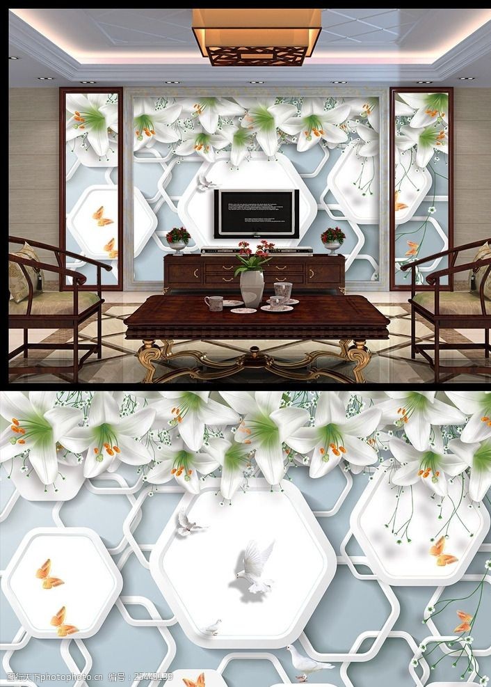 窗户图案3D梦幻百合花背景墙