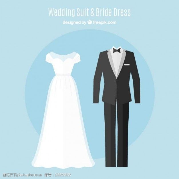 婚纱和西服集可爱鸟服饰和优雅的婚纱礼服在平面设计