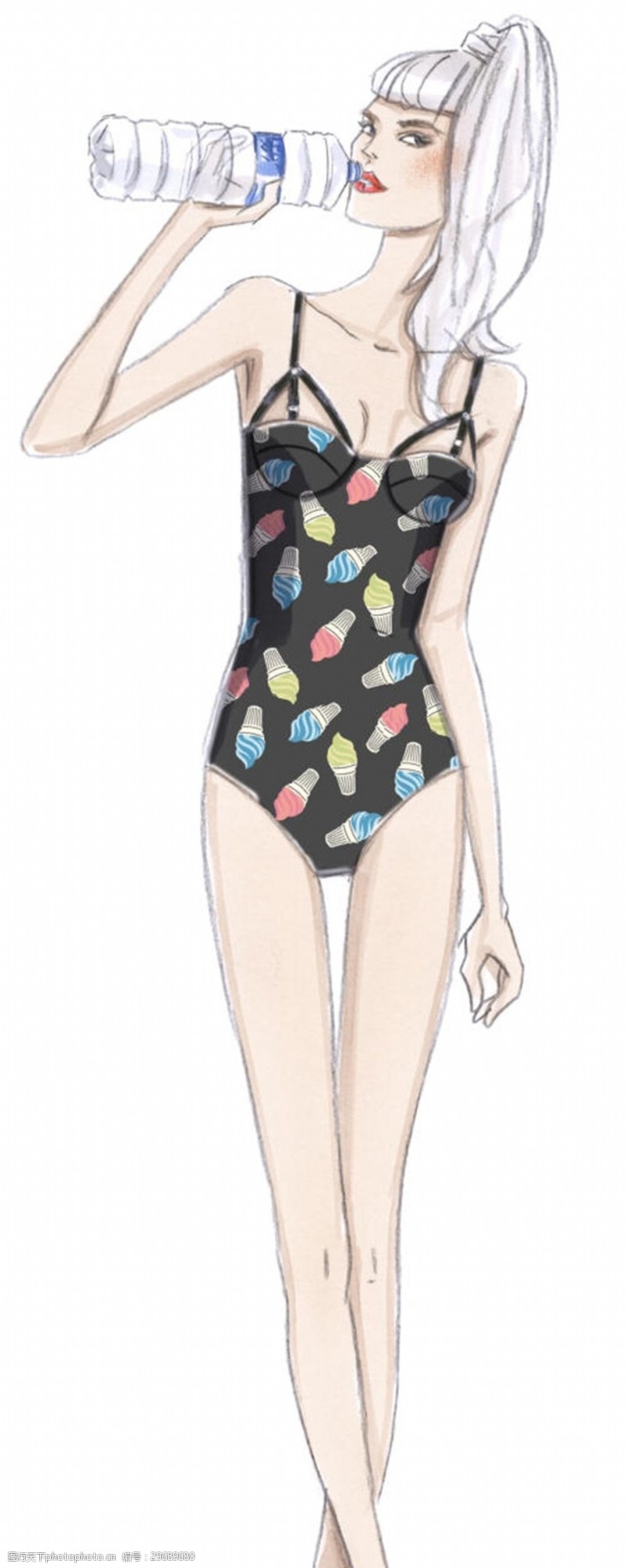 泳衣模特美丽黑色花纹连体泳衣女装效果图