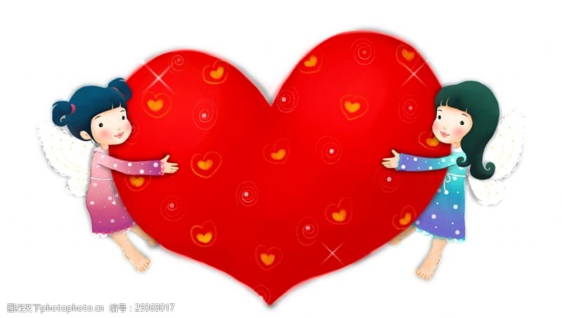 两个心形抱着爱心的两个小女孩透明素材