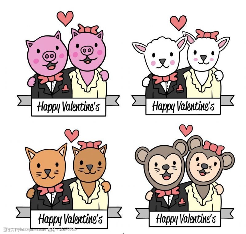 卡通宠物手绘情人节情侣装素材