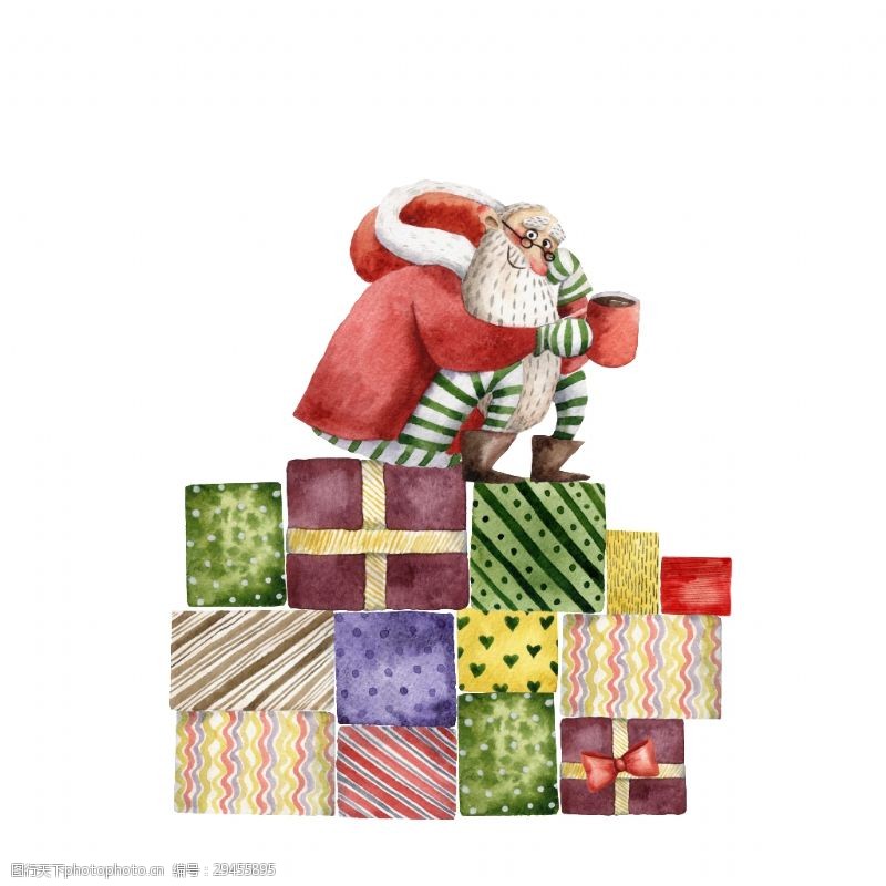 绿色的圣诞图案手绘准备送礼物的圣诞老人png透明素材