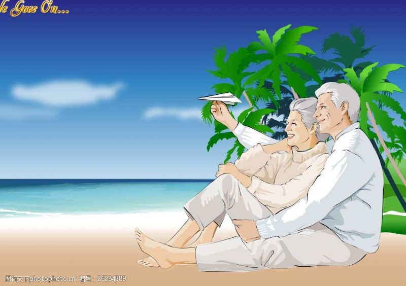白发苍苍的奶奶幸福的晚年沙滩上扔纸飞机