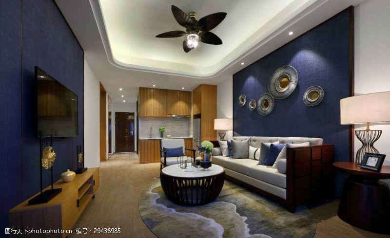 客厅吊顶中式客厅蓝色电视背景墙装修效果图