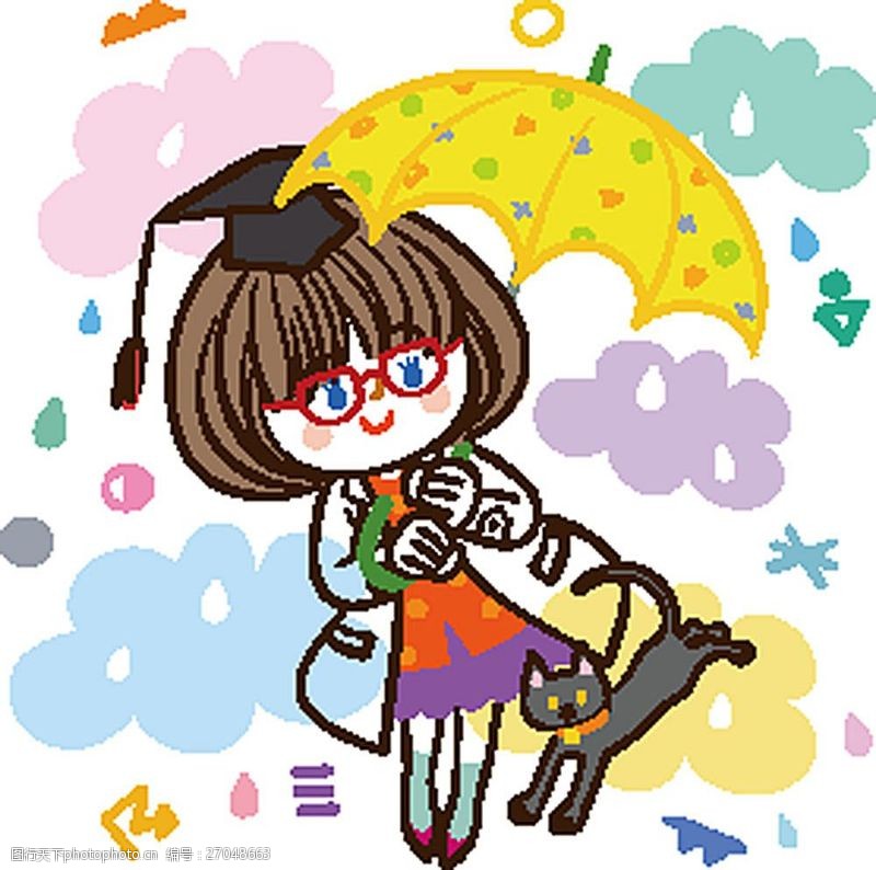 矢量打伞的女人打伞的女学生和小猫卡通图案