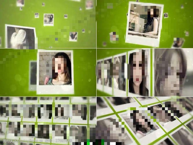 照片动态模板漂浮在绿色空间中的动态相册照片墙