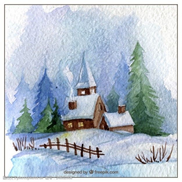 油画教堂手画雪教堂
