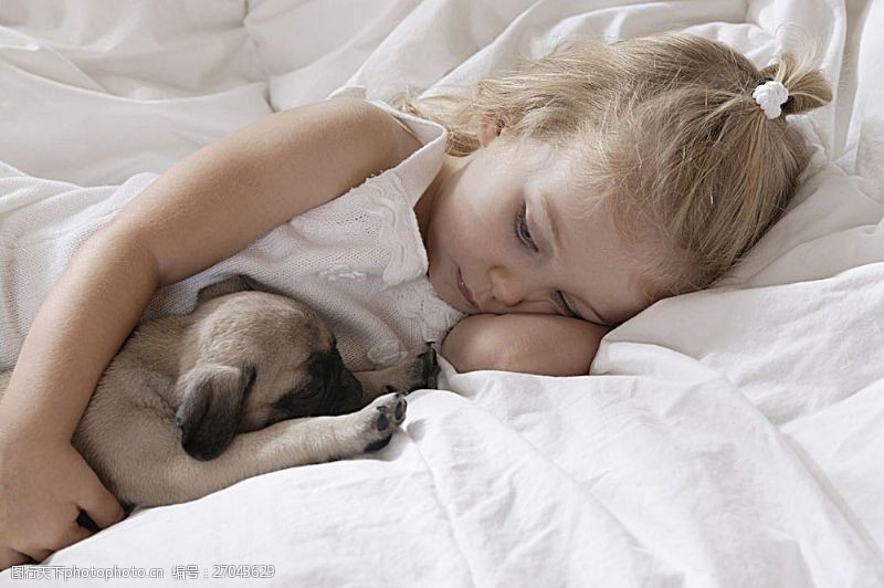 宠物名片睡觉的小女孩与小狗
