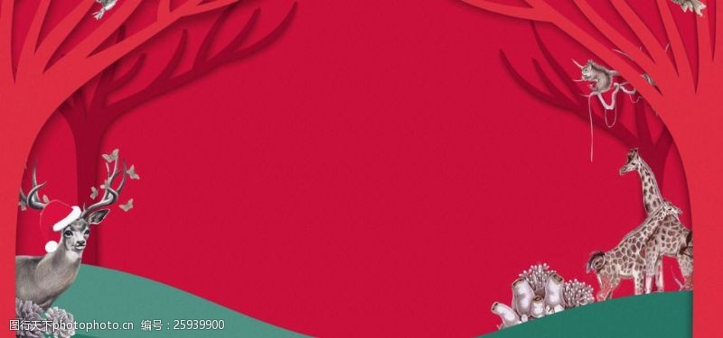 轮播背景淘宝天猫圣诞节红色卡通动物全屏海报背景