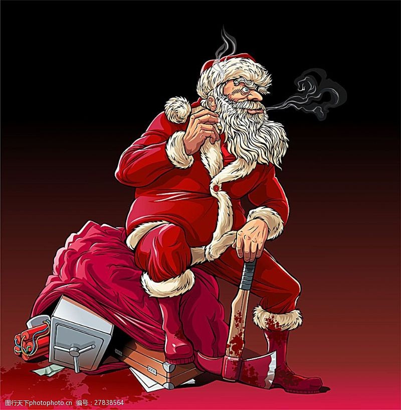矢量花边的圣诞抽烟的卡通圣诞老人