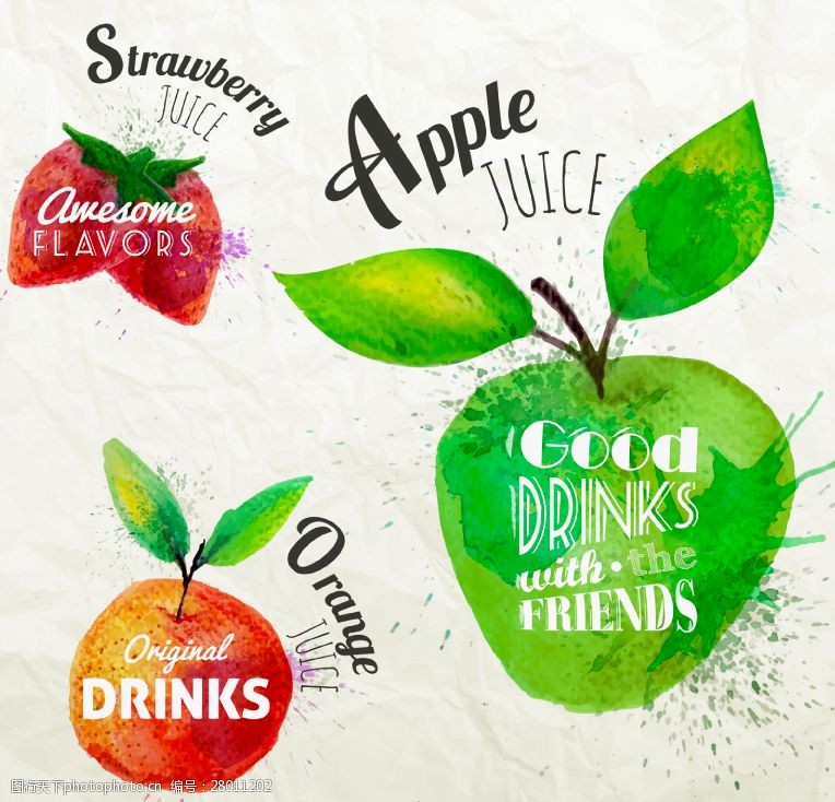 果汁水果标签3款水彩果汁标签矢量素材