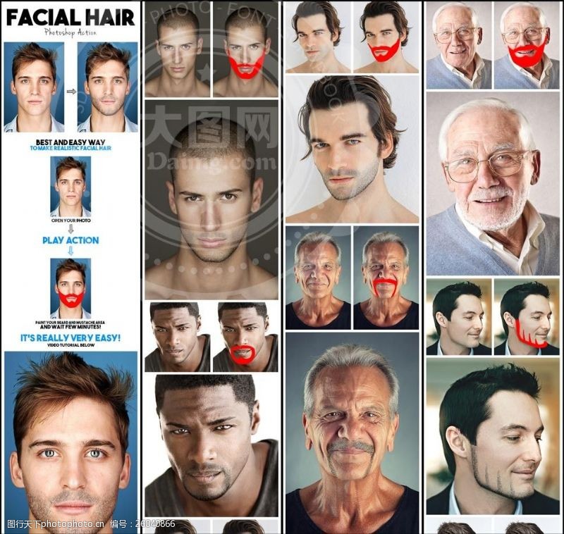 facial男性人像添加创意的胡子效果PS动作