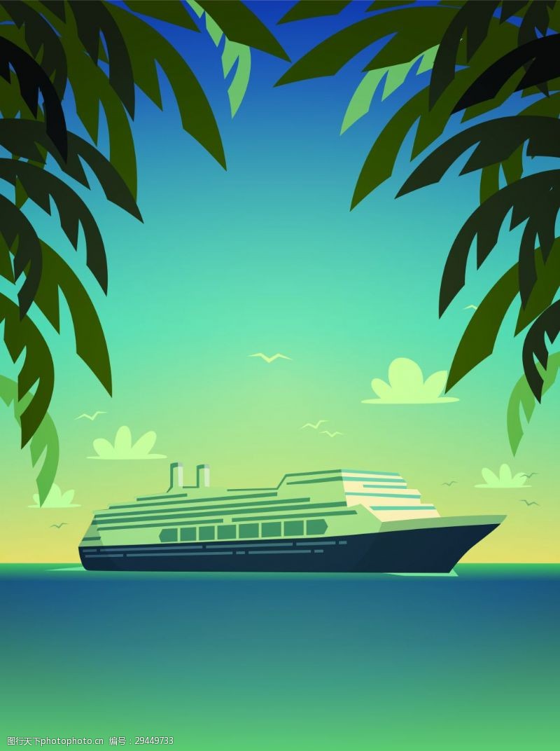 矢量卡通海洋轮船夏日度假旅游背景