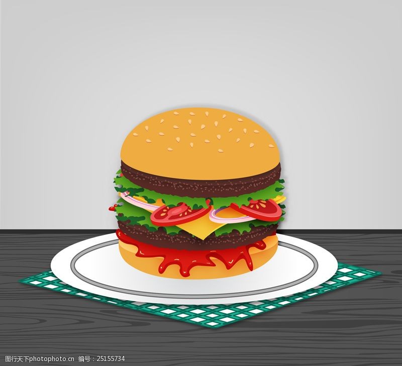 美食预览图餐盘中的美味汉堡包矢量图