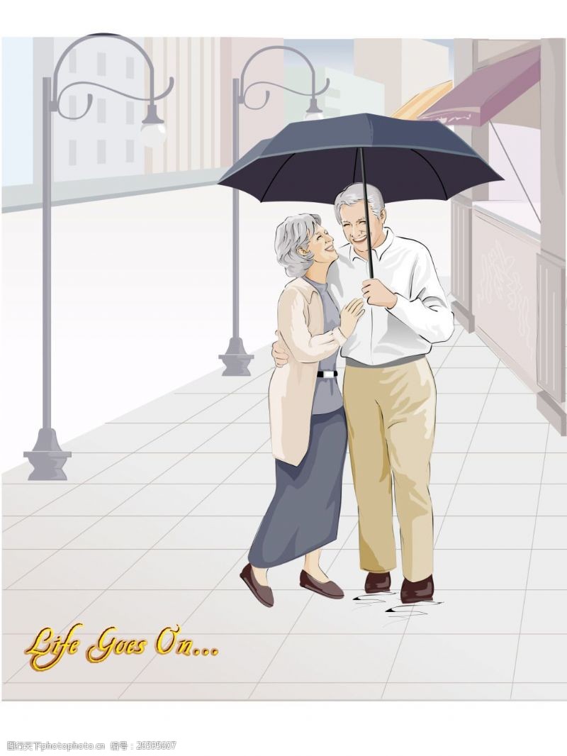 白发苍苍的奶奶幸福的晚年一起撑伞去逛街