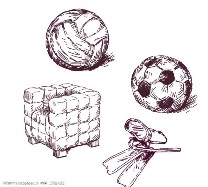 怀旧足球矢量素材欧式手绘皮球单人沙发图片