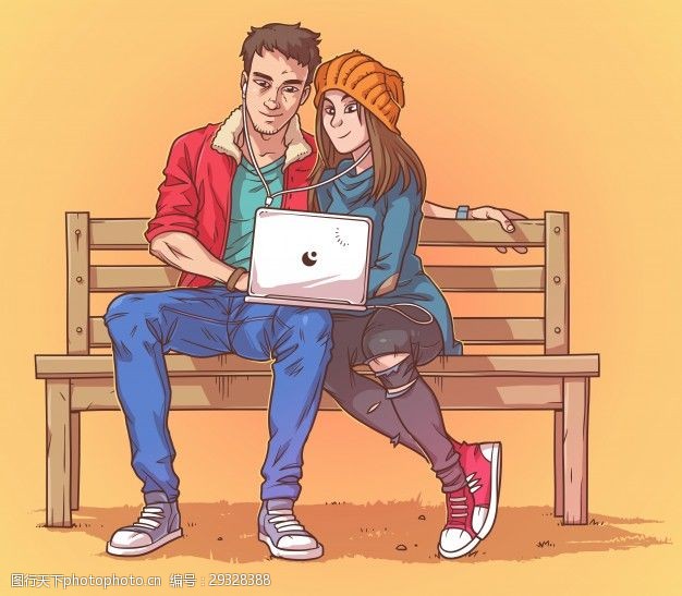 音乐教育年轻的夫妇坐在凳子上听音乐