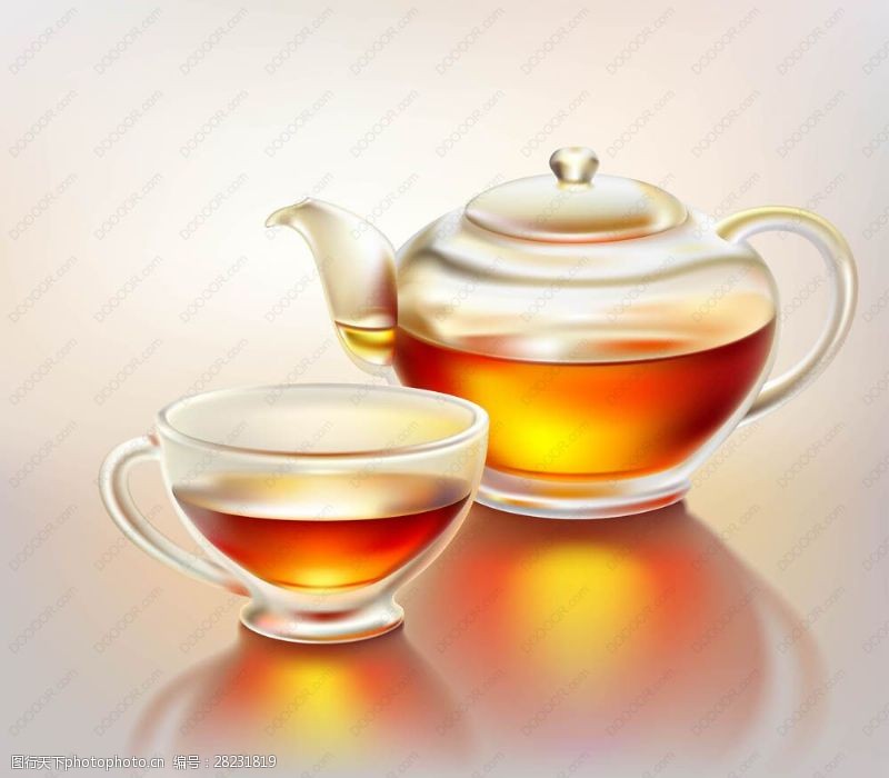 透明茶壶矢量写实透明玻璃茶壶茶杯EPS素材下载