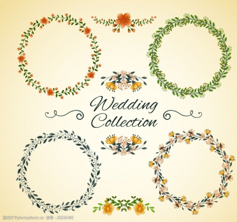 婚礼卡片婚礼花环与装饰花矢量素材图片