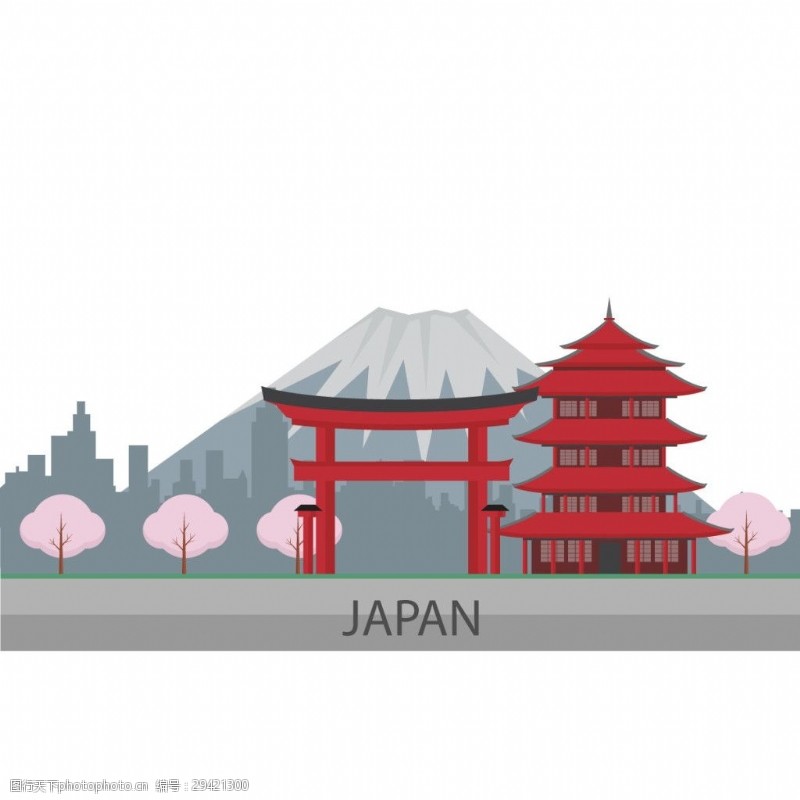 樱花旅游简约灰色手绘雪山日本旅游装饰元素