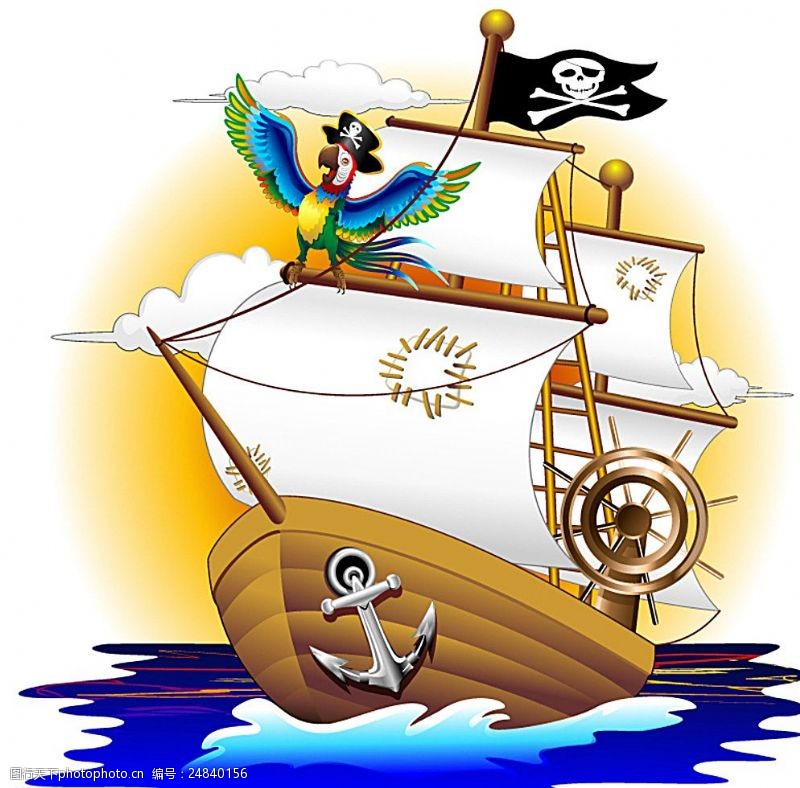 白色帆船卡通海盗船插画矢量素材图片