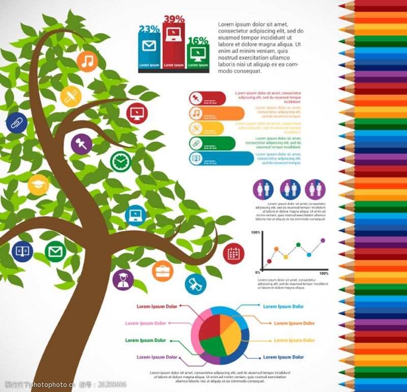 彩铅卡通绿树教育信息图矢量图