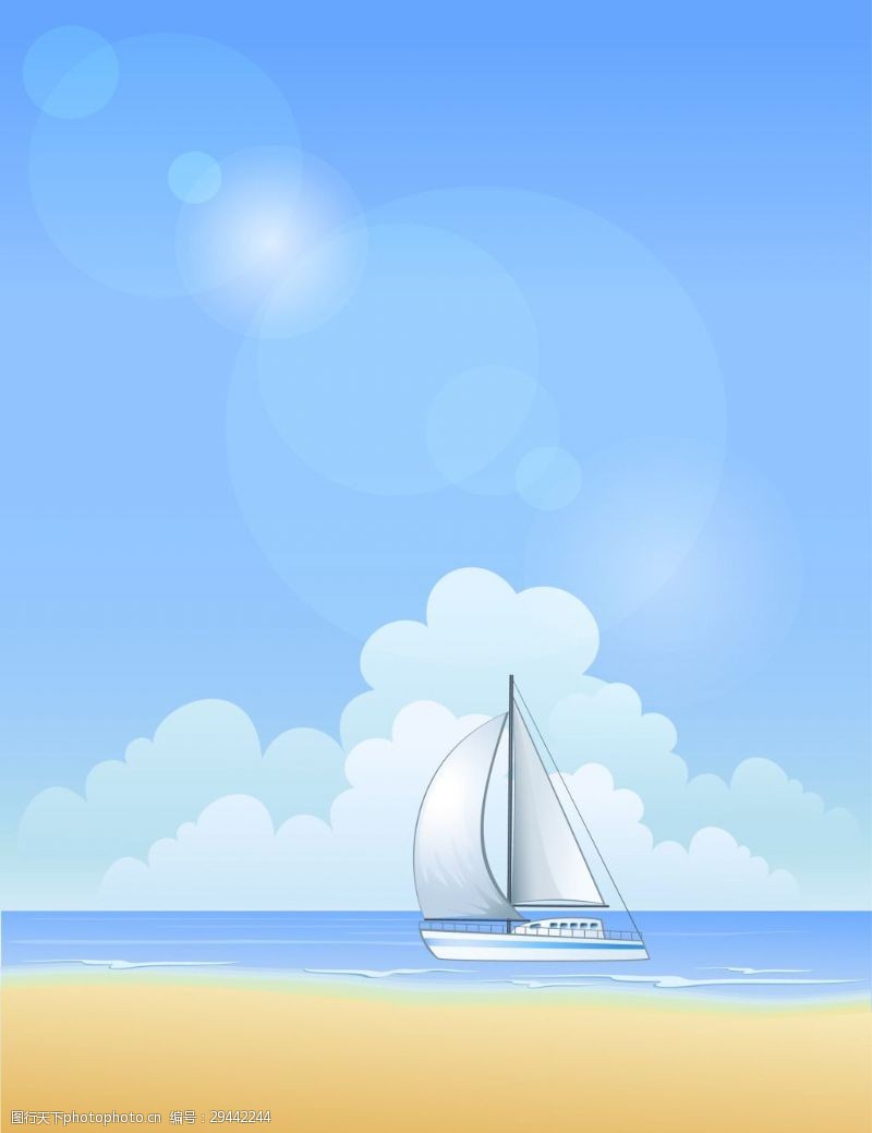 蓝天白云沙滩海洋帆船矢量素材