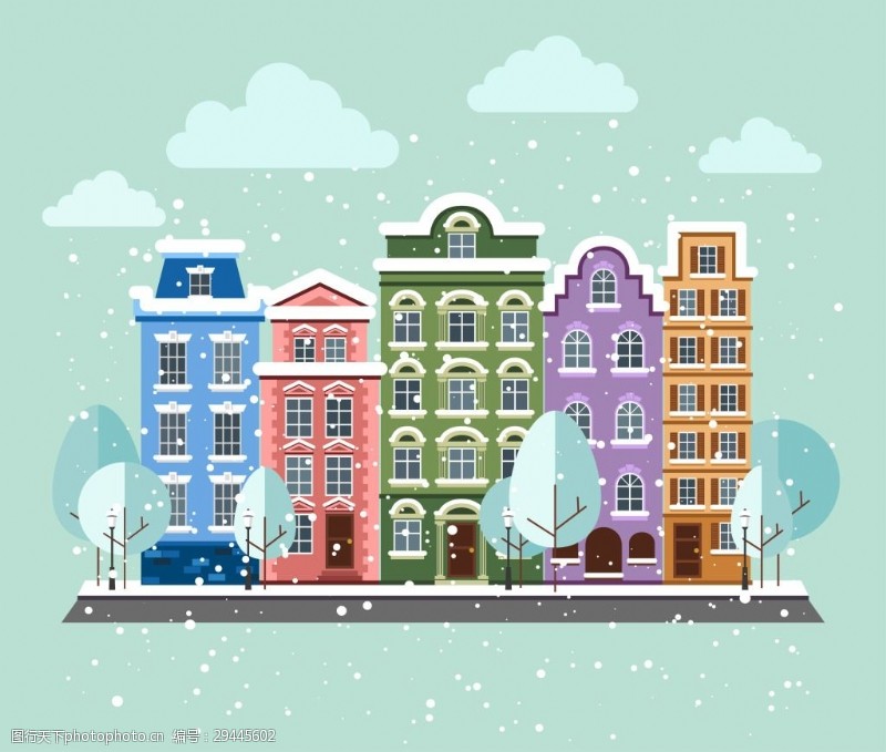 冬天里的房子冬天风雪里的建筑插画