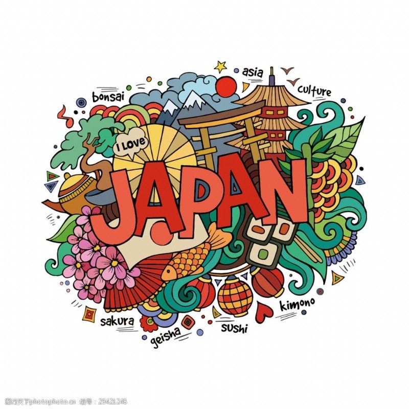 旅游文化彩绘清新彩色手绘日本旅游装饰元素