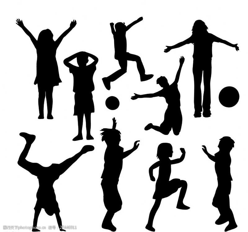 足球篮球玩耍儿童剪影矢量图图片