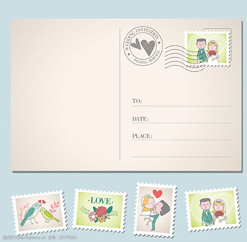 男士背心婚礼邀请明信片与邮票图片