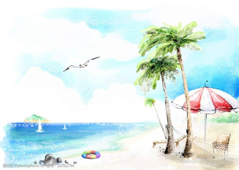 圈椅手绘水彩沙滩风景插画图片